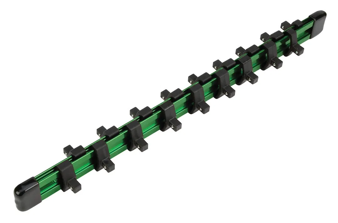W36001 – PERFORM TOOL Socket Storage Rail, 1/4 Inch Drive 12-1/4 Inch Length Green Double Sided Aluminum Single With ...
